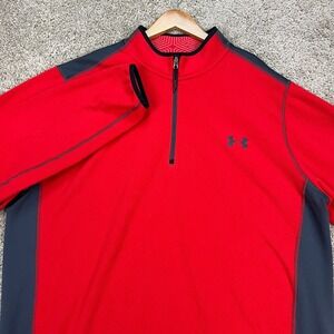Under Armour Pullover Mens 2XL Red Gray Colorblock ColdGear 1/4 Zip Fleece Loose